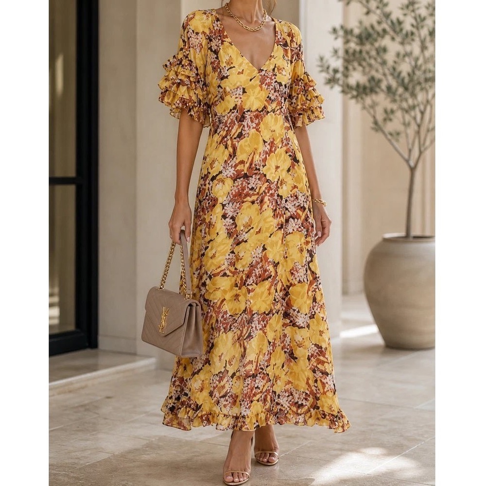 byTiMo Yellow Floral Ruffle Sleeve V-Neck Midi Dress Size Small